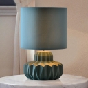 Traditional Drum Night Table Lamp Single Fabric Desk Light with Ceramics Base in Blackish Green