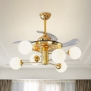 Tiered White Ball Glass Flush Ceiling Fan Postmodern 6 Bulbs Gold Semi Flush Mount Lighting with 3 Clear Blades, 38