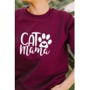 Casual Womens Letter Cat Mama Footprint Graphic Long Sleeve Crew Neck Relaxed Fit Tee Top