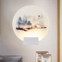 White Round Panel Wall Mural Lighting Chinoiserie LED Acrylic Wall Lamp Sconce with Mountain/House Pattern