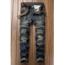 Retro Men's Jeans Stacked Zipper Pocket Deep Wash Button Straight Fit Full Length Jeans