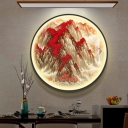 Red Mountain Mural Lighting with Circle Design Asian Style LED Metal Wall Sconce Lamp Fixture