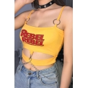 Fancy Womens Letter Rebel Print O-ring Chain Decoration Cut out Fit Crop Cami in Yellow