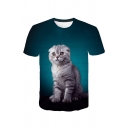 Simple Cat Pattern Round Neck Short Sleeve Regular Fitted Tee Top for Men