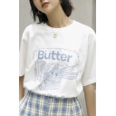 Simple White Letter Butter Cartoon Rabbit Graphic Short Sleeve Crew Neck Loose T Shirt for Girls