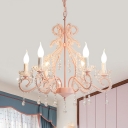 Traditional Scroll Arm Pendulum Light 6-Head Crystal Bead Candle Chandelier Pendant Lamp in Pink