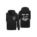 Sportive Mens Letter May the Be with You Printed Zipper up Pocket Drawstring Long Sleeve Regular Fitted Hooded Sweatshirt
