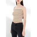 tylish Ladies Knitted Stripe Print Spaghetti Straps Stringy Selvedge Slim Fit Crop Cami in Yellow