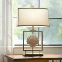 White Single Bulb Night Light Traditional Fabric Rectangle Night Table Lamp with Shell Deco