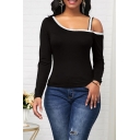 Womens Sexy Glitter Trim Long Sleeve Cold Shoulder Slim Fit T-shirt in Black