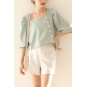 Popular Womens Solid Color Side Button Down Square Neck Half Puff Sleeve Regular Fit Cropped Blouse Top