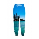 Mens Unique Tree Water Landscape 3D Pattern Drawstring Full Length Fitted Cuffed Pants