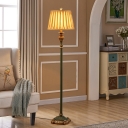 Single Stand Up Lamp with Barrel Shade Pleated Fabric Antiqued Parlour Floor Light in Pewter