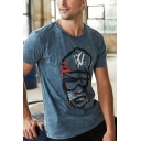 Stylish Mens Tee Top Figure Print Fitted Crew Neck Short Sleeve Tee Top in Blue