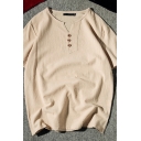 Cozy Men's T-Shirt Solid Color Button Detail Loose Fit Short Sleeve Henley Collar T-Shirt