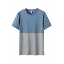 Blue Casual Letter Space Printed Colorblock Short Sleeve Crew Neck Loose T Shirt for Men