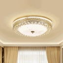 Drum Bedroom Flush Lighting Metal LED Modernist Flush Mount Lamp with Crystal Accent in Gold