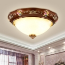 Red Brown Dome Flush Lamp Fixture Countryside White Glass 3 Heads Bedroom Close to Ceiling Lighting, 11