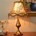 Fabric Bell Shade Embroidered Table Light Traditional 1-Light Living Room Night Lamp in Brass