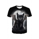 Trendy Moon Cat 3D Pattern Crew Neck Short Sleeve Regular Fit T-Shirt for Men