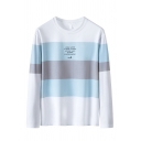 Stylish Colorblock Letter a Drip Here Drop There Printed Long Sleeve Round Neck Regular Fit Tee Top for Men
