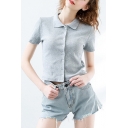 Formal Womens Solid Color Short Sleeve Turn-down Collar Button down Fitted T Shirt