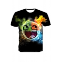 Stylish Mens 3D Earth Smile Floral Pattern Short Sleeve Round Neck Fitted T-Shirt