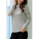 Casual Solid Color Ripped Long Sleeve Crew Neck Loose Fit Tee Top