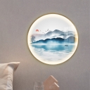 Metallic Round LED Sconce Lighting Chinese Gold Mountain and River Mural Lamp for Tearoom