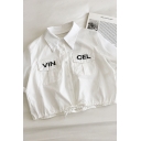 Cool Cargo Girls Letter Vin Cel Embroidery Print Flap Pockets Ruched Drawstring Patchwork Mesh Collar Short Sleeve Regular Fit Crop Blouse Top
