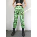 Chic Womens Newspaper Pattern High Waist Ankle Cuffed Carrot Fit Pants in Green
