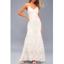 Hot Pretty Womens White Lace Spaghetti Straps Maxi Flowy Slip Dress