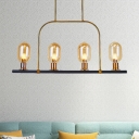 Oblong Shade Island Light Fixture Modernist Amber Glass 4-Head Dining Room Pendant in Black and Gold