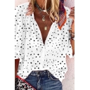 Fashionable Womens Polka Dot Printed Button up Turn-down Collar Bishop Sleeve Loose Fit Blouse Top