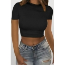 Sexy Womens Solid Color Round Neck Short Sleeve Slim Fit Cropped Tee Top