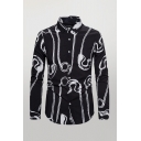 Mens Shirt Chic Safety Pin Pattern Point Collar Button-down Slim Fitted Long Sleeve Black Shirt