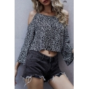 Black Popular All over Printed Straps Cold Shoulder Bell Sleeve Loose Fit Cropped T-Shirt for Women
