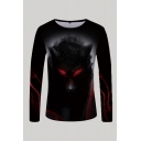 Novelty Mens 3D Tee Top Red-Eye Wolf Painting Slim Fitted Long Sleeve Crew Neck Tee Top
