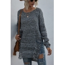 Stylish Womens Knitted Ripped Long Sleeve Rolled Edge Crew Neck Slit Sides Long Relaxed Sweater Top in Black