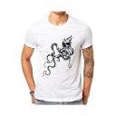 Casual Skull Octopus Printed Short Sleeve Crew Neck Slim Fit T Shirt in White