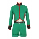 Mens Cosplay Contrasted Long Sleeve Stand Collar Zip Up Fit Crop Jacket & Rolled Edges Shorts Set in Green