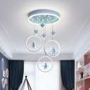 Acrylic Round Multi Pendant Light Cartoon LED Blue Suspension Lamp with Paper Crane Deco