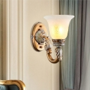 1/2-Head Wall Mounted Lamp Antiqued Bedroom Sconce Light with Bell Frosted Glass Shade in Brown