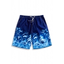 Popular Navy Blue Summer Palm Tree Plant Print Stretch Swim Trunks for Guys with Hook and Loop Pockets