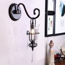 Contemporary Flared Wall Lighting Translucent Crystal 1/2-Light Corridor Wall Sconce in Black with Scroll Arm