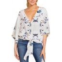 Leisure Womens Pattern Printed Front Tie 3/4 Sleeve Deep V Neck Plus Sized Tee Top