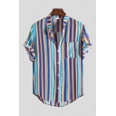 Fancy Mens Shirt Striped Pattern Button down Curved Hem Pocket Short Sleeve Stand Collar Fitted Shirt