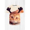 Mens 3D T-Shirt Stylish Cat Antlers Hat Pattern Regular Fitted Round Neck Short Sleeve T-Shirt