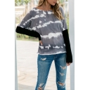 Fashionable Tie Dye Printed Patchwork Long Sleeve Drop Shoulder Relaxed Fit T Shirt