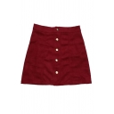 Trendy Elegant Girls' High Waisted Button Down Fitted Corduroy Short A-Line Skirt in Brick Red